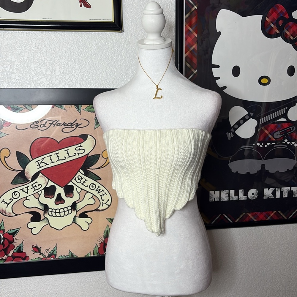 O.Vianca White Knit Tube Top Corset Style Strapless Coquette Cottagecore Fairy